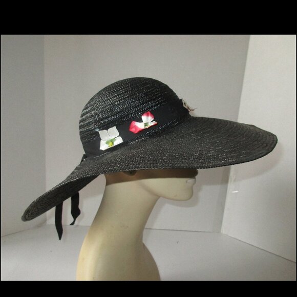 Vintage 1970's Black Wide Brim Straw Cartwheel Hat w/Flowers Made In Italy - Picture 5 of 8